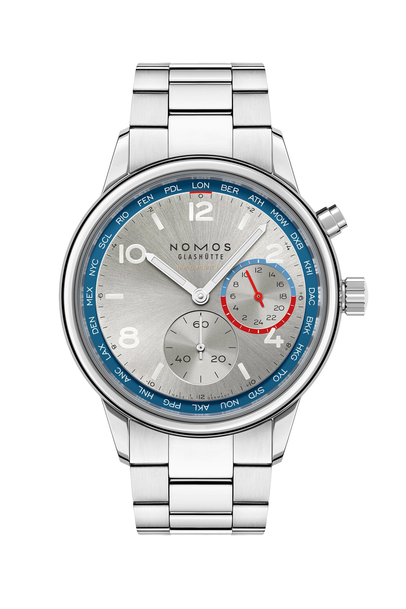 Nomos Glashütte Club Sport Neomatik Worldtimer Silver rannekello